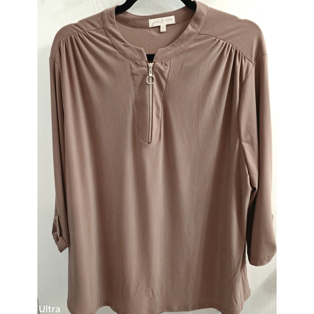Jole De Vivre Womens Shirt Zipper Tan/Brown Plus Size 2X Roll up Sleeves Flowy